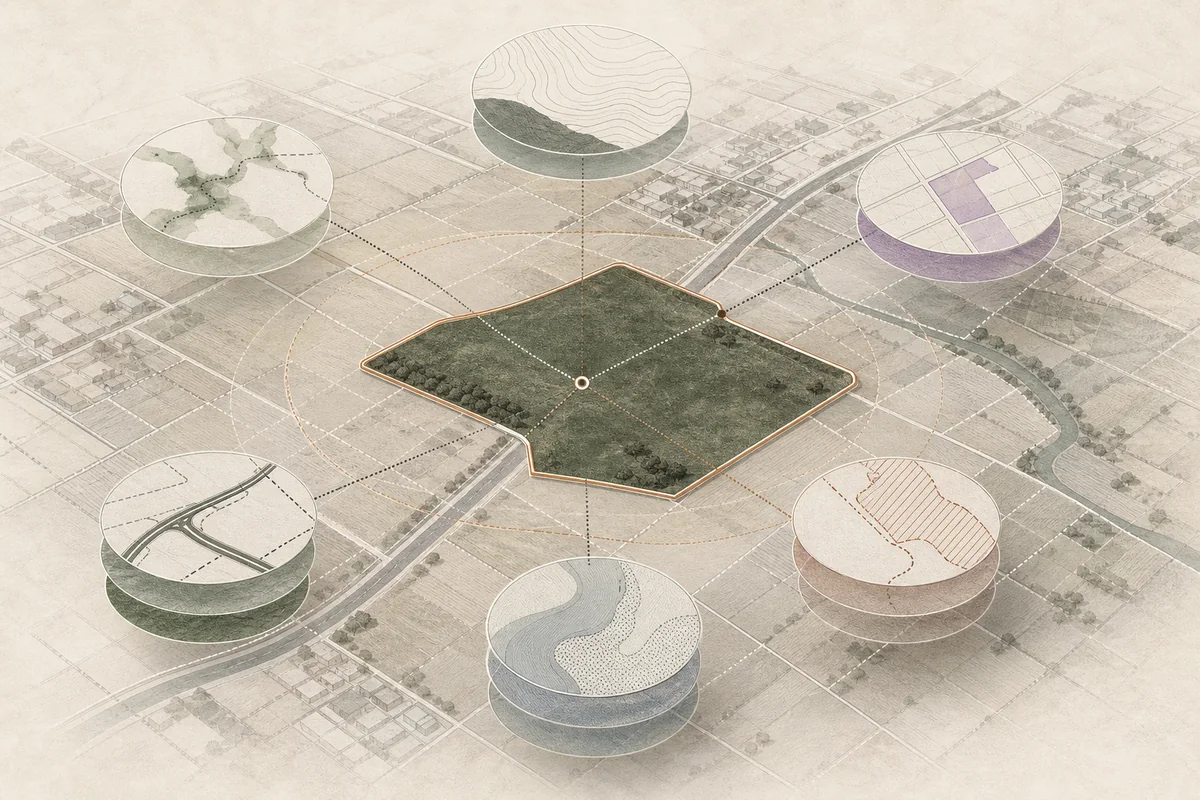 Layered cadastral, access, environmental, and zoning constraints surrounding a candidate land parcel.