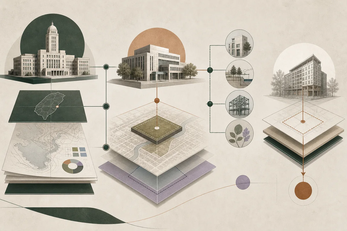 An institutional network connecting central government, local authorities, sector regulators, and a development site.