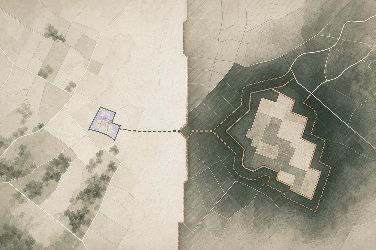 Contrasting parcel-level and larger development pathways across a non-urban land boundary.